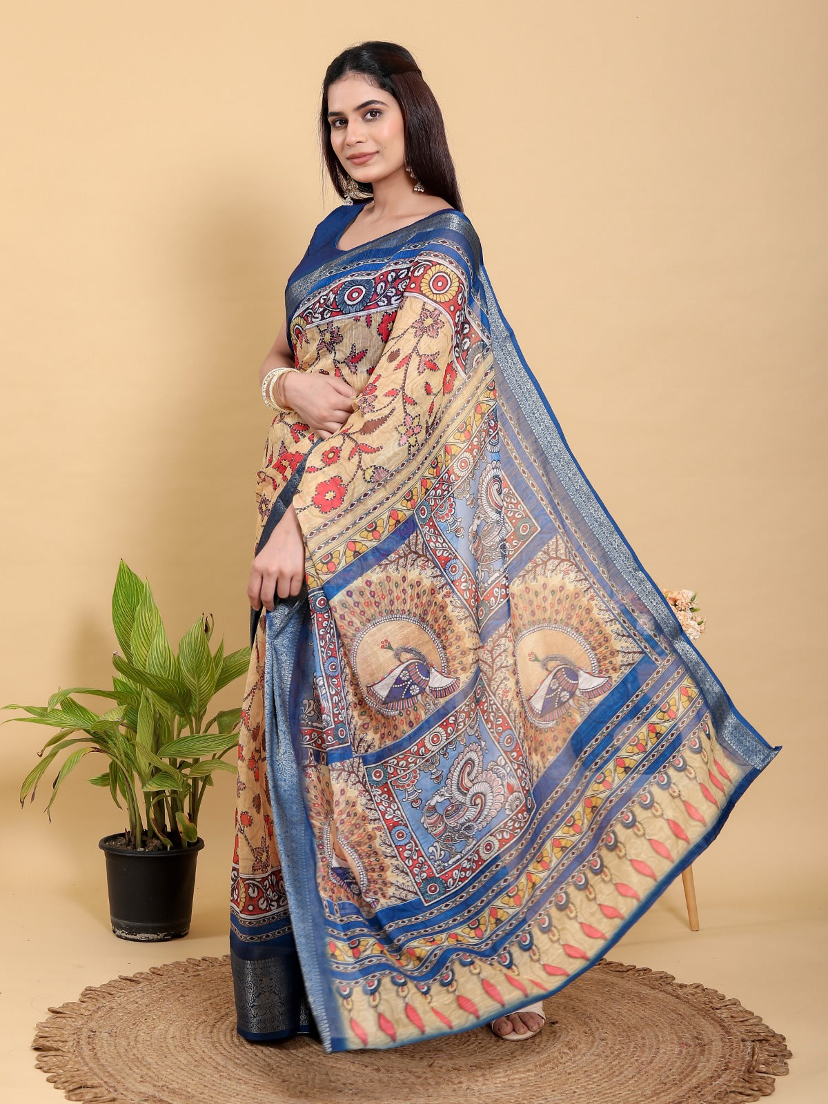 Artistic Brown & Teal Motif Linen Cotton Saree