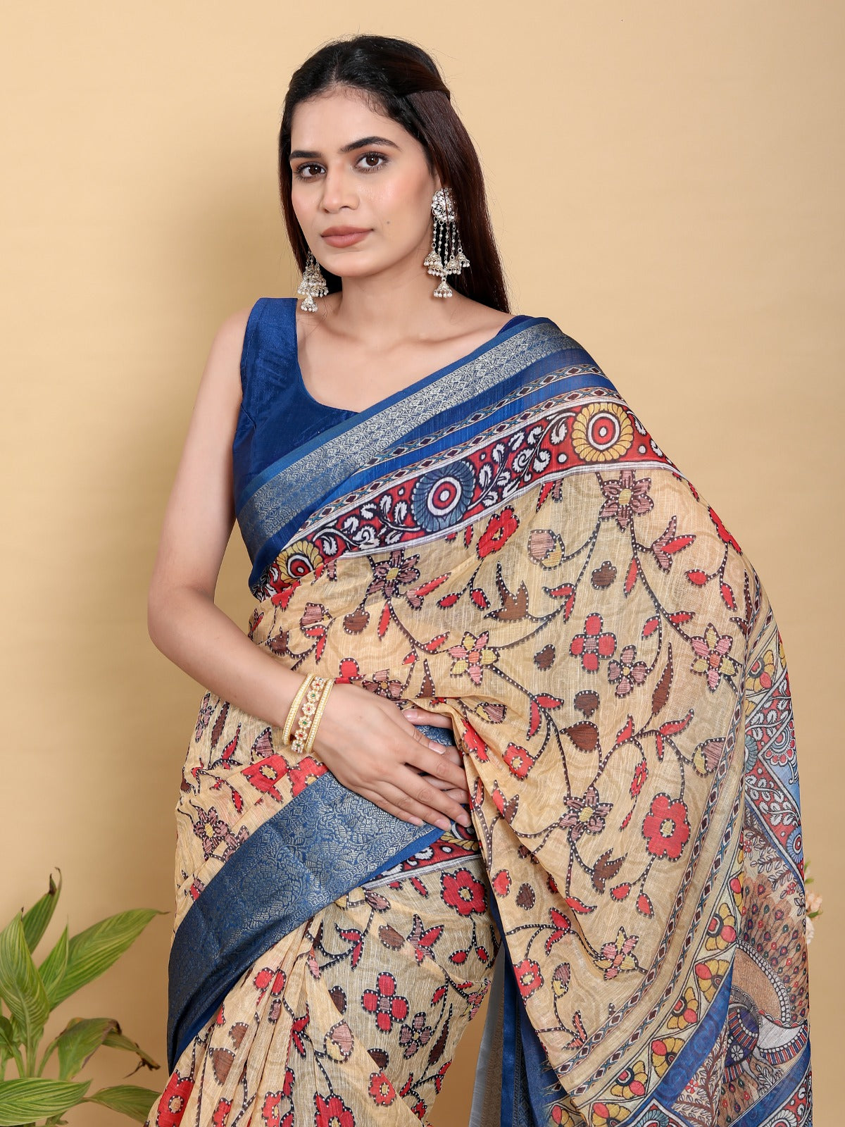 Artistic Brown & Teal Motif Linen Cotton Saree