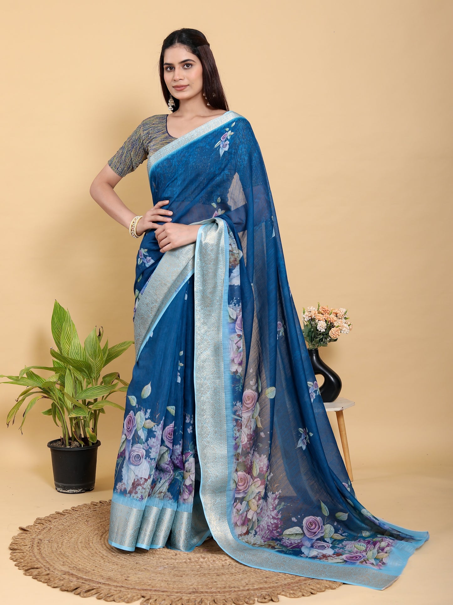 Deep Blue Floral Print Linen Cotton Saree