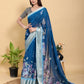 Deep Blue Floral Print Linen Cotton Saree