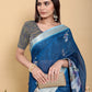 Deep Blue Floral Print Linen Cotton Saree