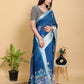 Deep Blue Floral Print Linen Cotton Saree
