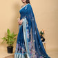 Deep Blue Floral Print Linen Cotton Saree