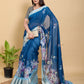 Deep Blue Floral Print Linen Cotton Saree