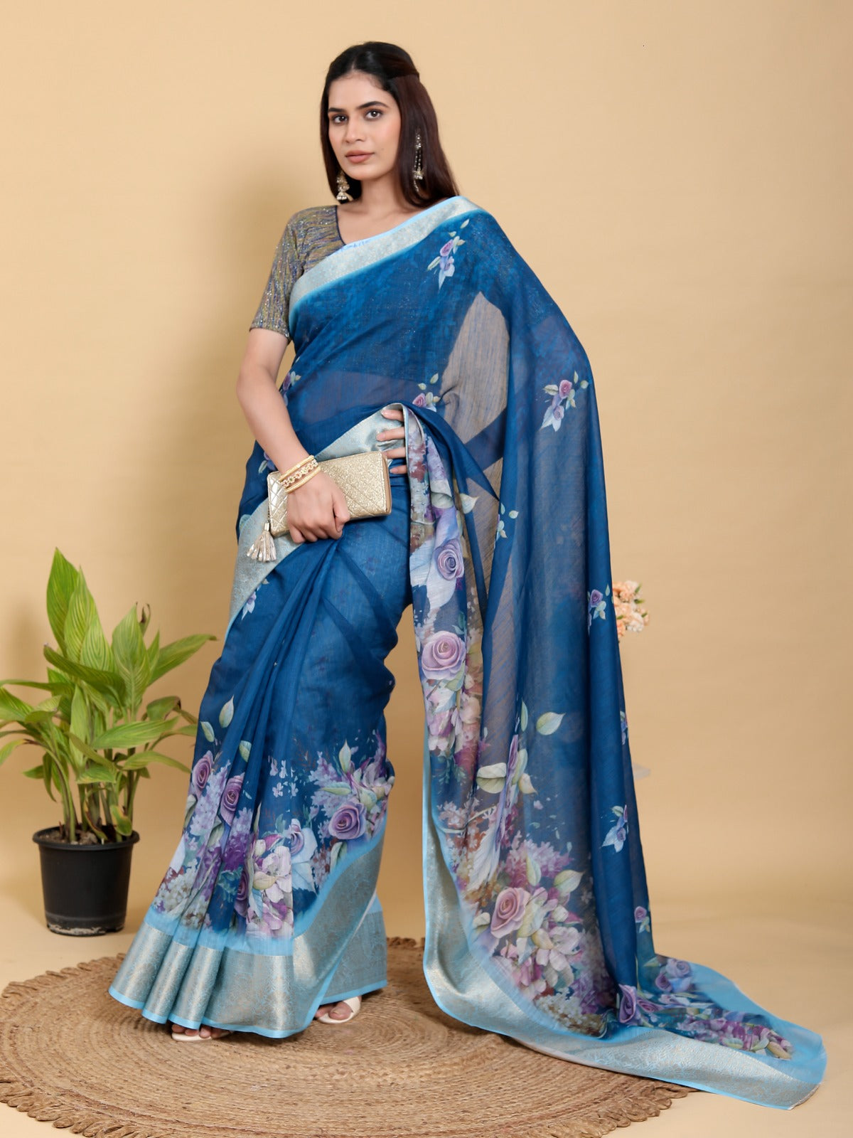 Deep Blue Floral Print Linen Cotton Saree