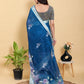Deep Blue Floral Print Linen Cotton Saree