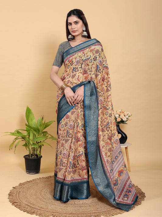 Artistic Mustard & Blue Floral Linen Cotton Saree