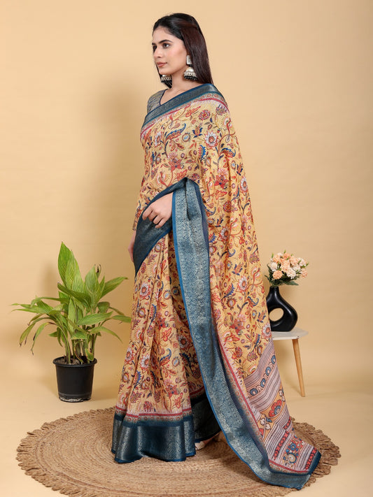 Artistic Mustard & Blue Floral Linen Cotton Saree