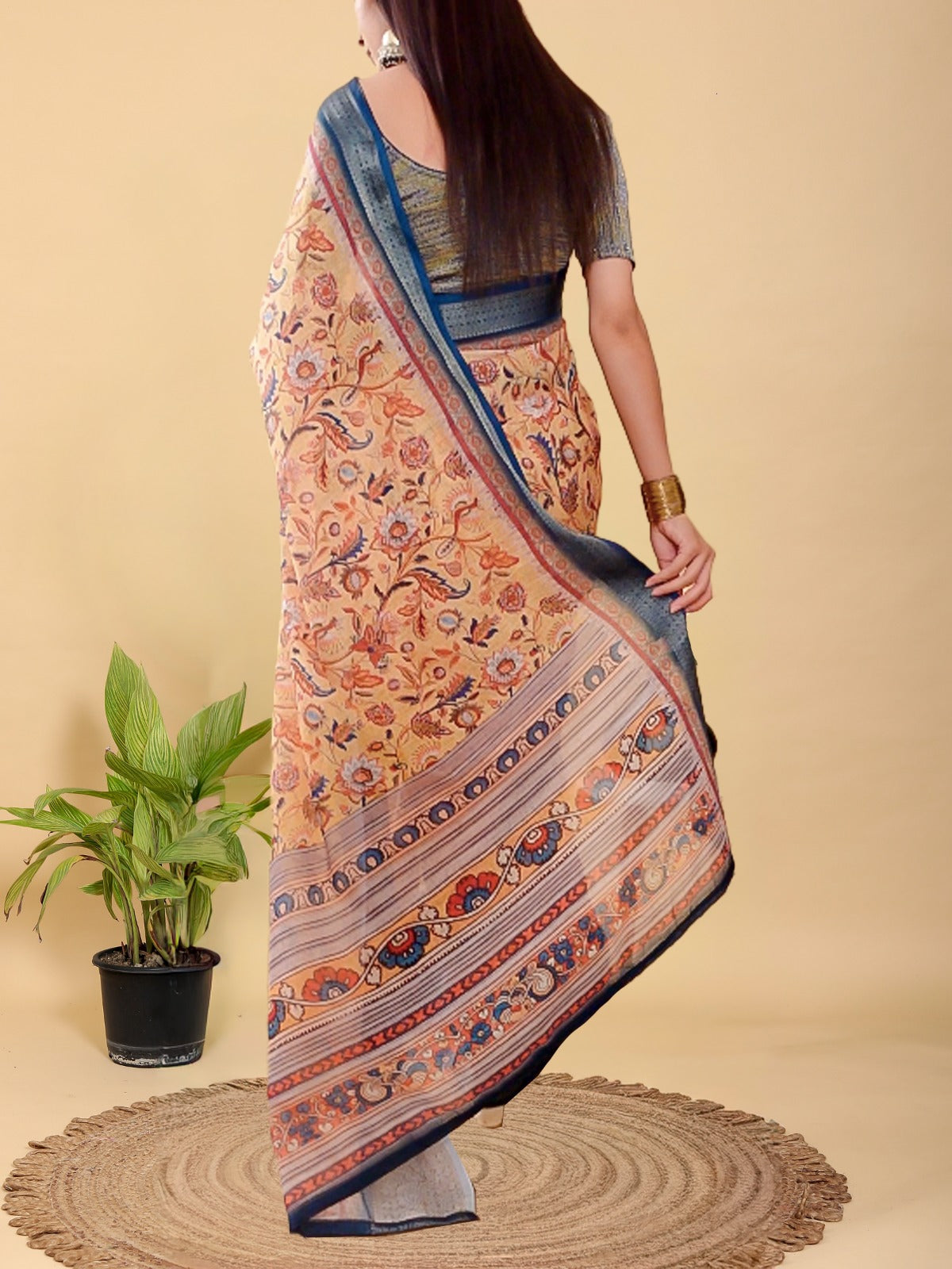 Artistic Mustard & Blue Floral Linen Cotton Saree