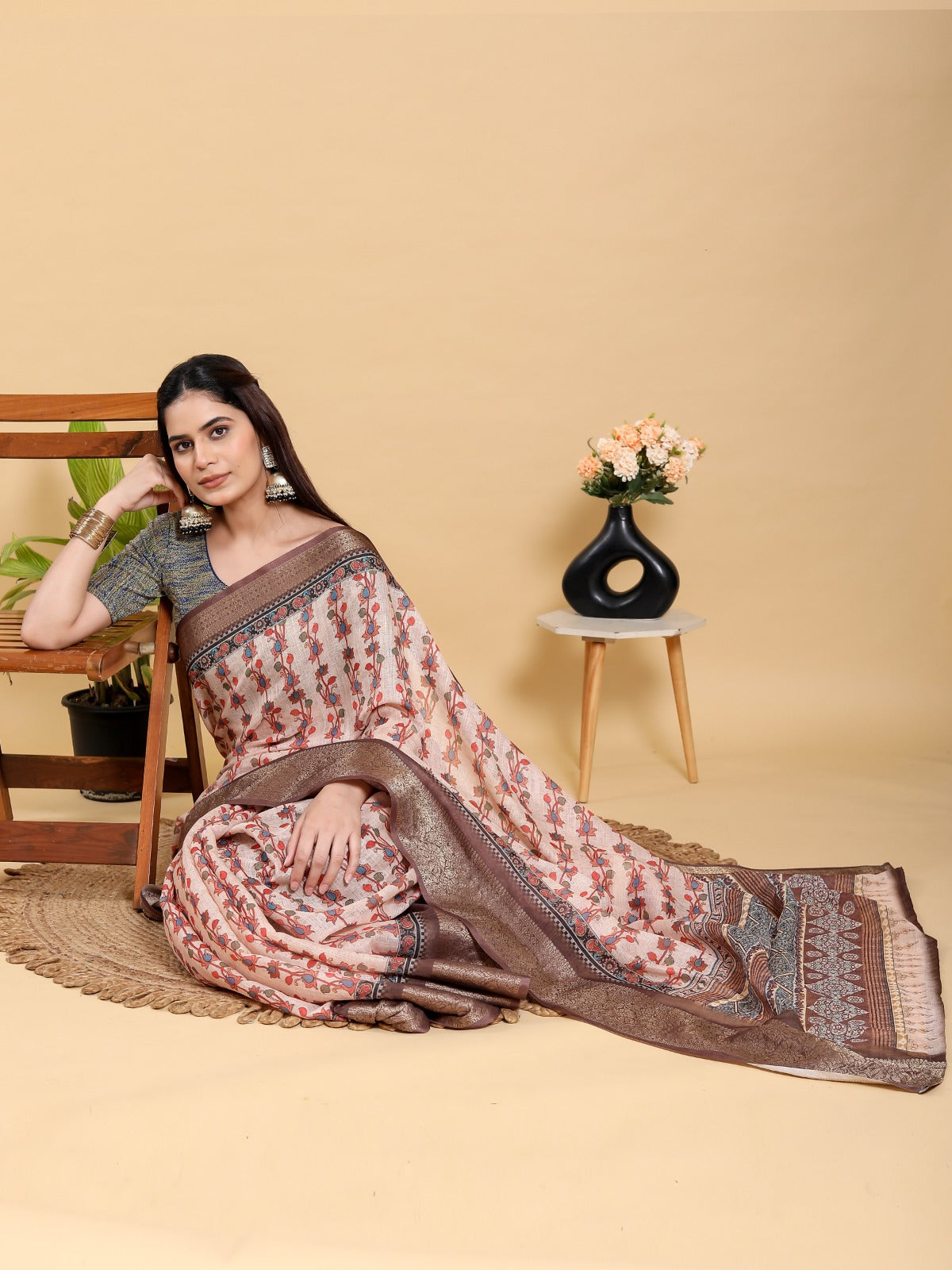 Beige Floral Print Linen Cotton Saree