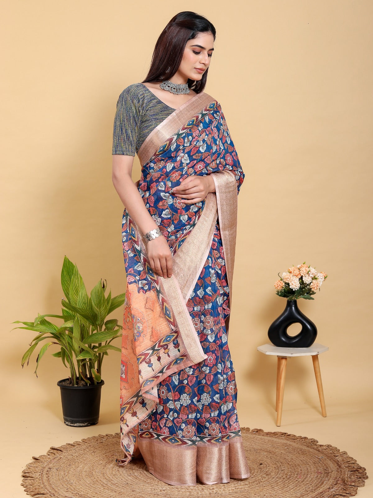 Artistic Navy & Copper Floral Linen Cotton Saree