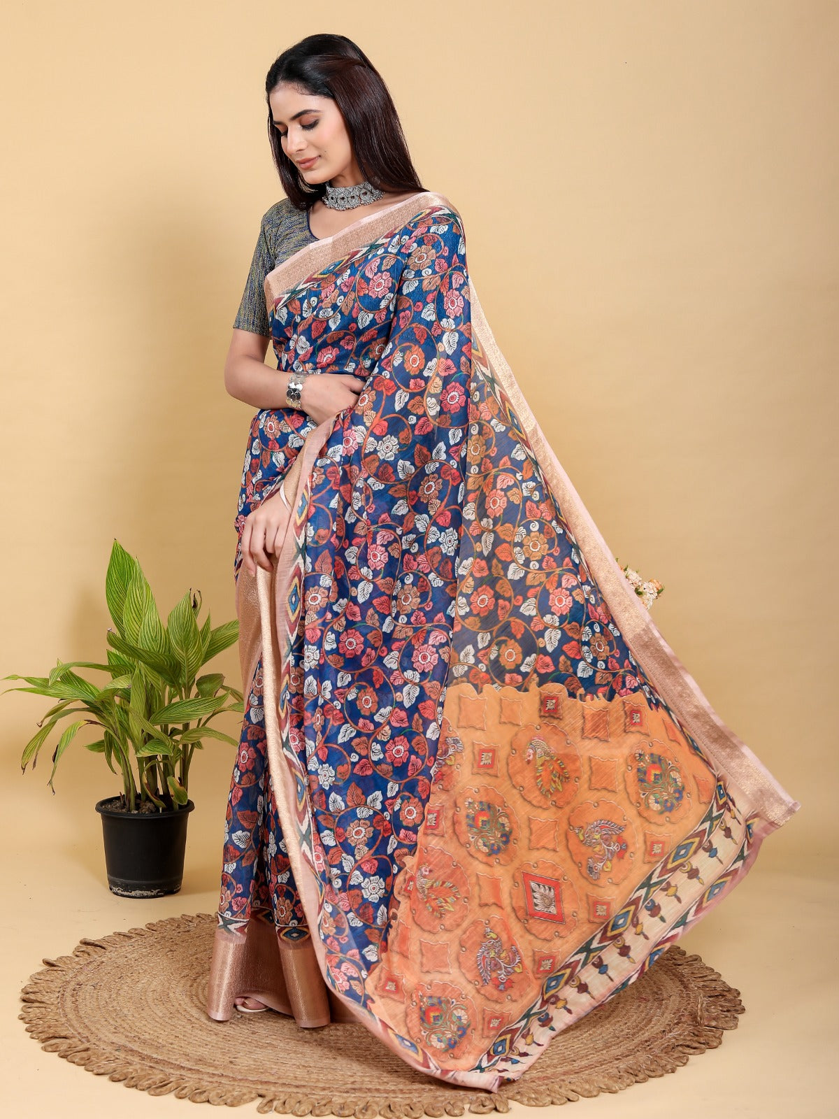 Artistic Navy & Copper Floral Linen Cotton Saree
