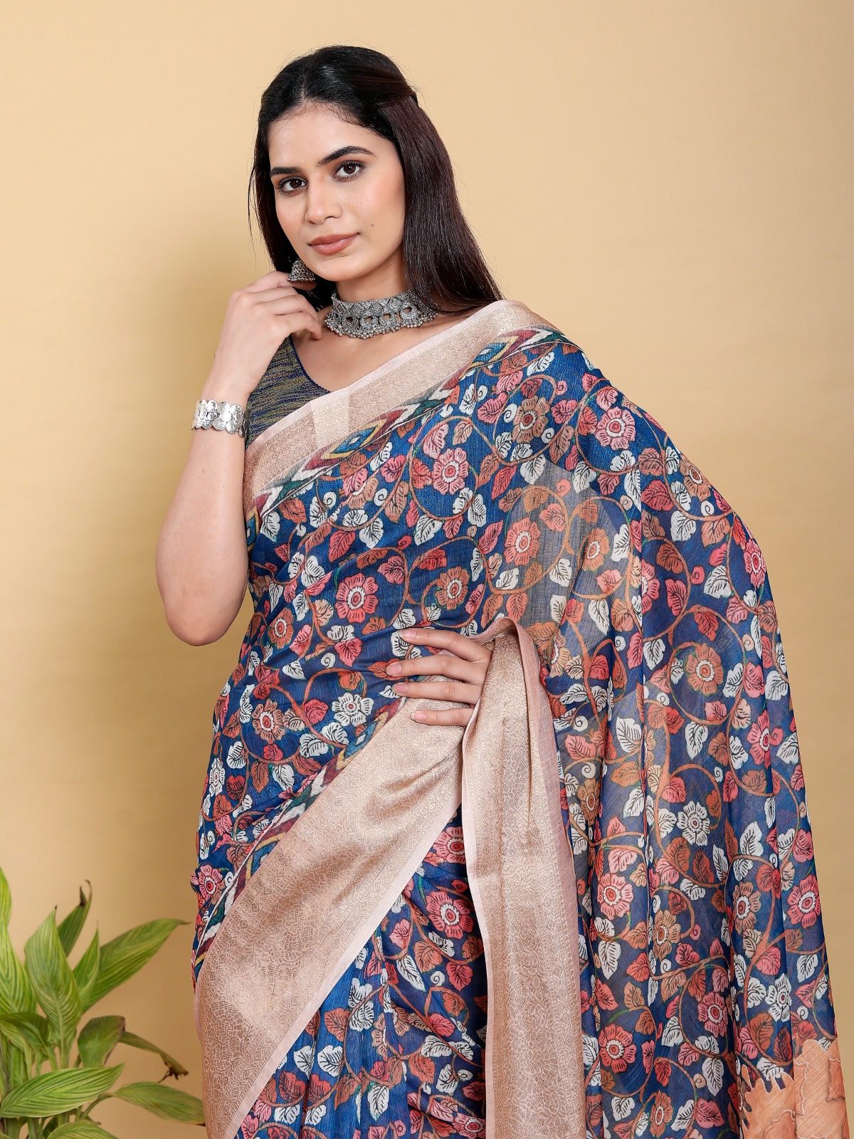 Artistic Navy & Copper Floral Linen Cotton Saree