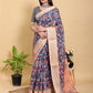 Artistic Navy & Copper Floral Linen Cotton Saree