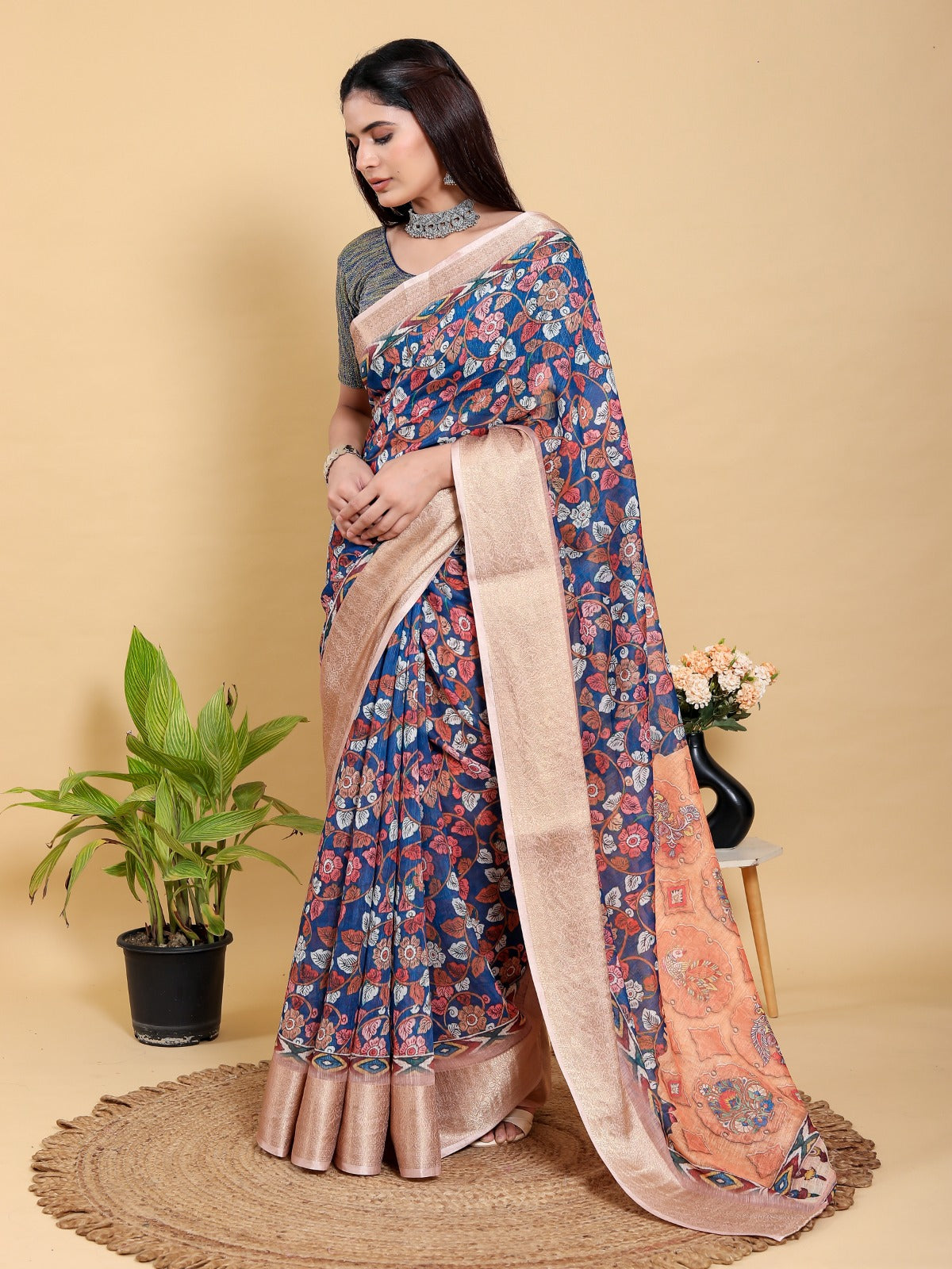Artistic Navy & Copper Floral Linen Cotton Saree