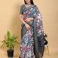 Abstract Grey & Black Floral Linen Cotton Saree