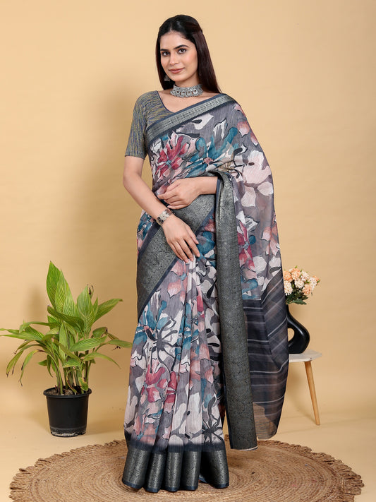 Abstract Grey & Black Floral Linen Cotton Saree
