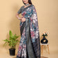Abstract Grey & Black Floral Linen Cotton Saree