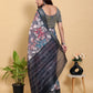 Abstract Grey & Black Floral Linen Cotton Saree