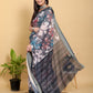 Abstract Grey & Black Floral Linen Cotton Saree