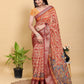 Vibrant Red Artistic Peacock Linen Cotton Saree