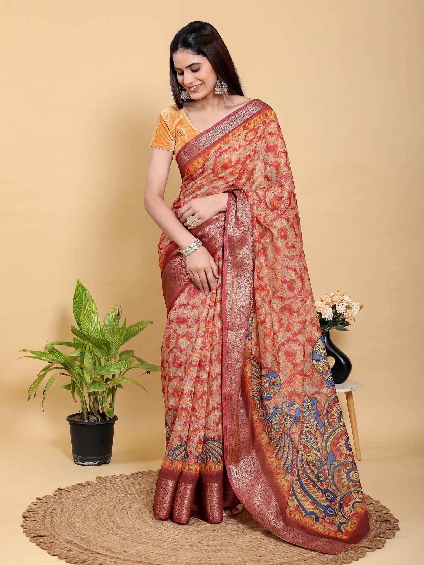 Vibrant Red Artistic Peacock Linen Cotton Saree