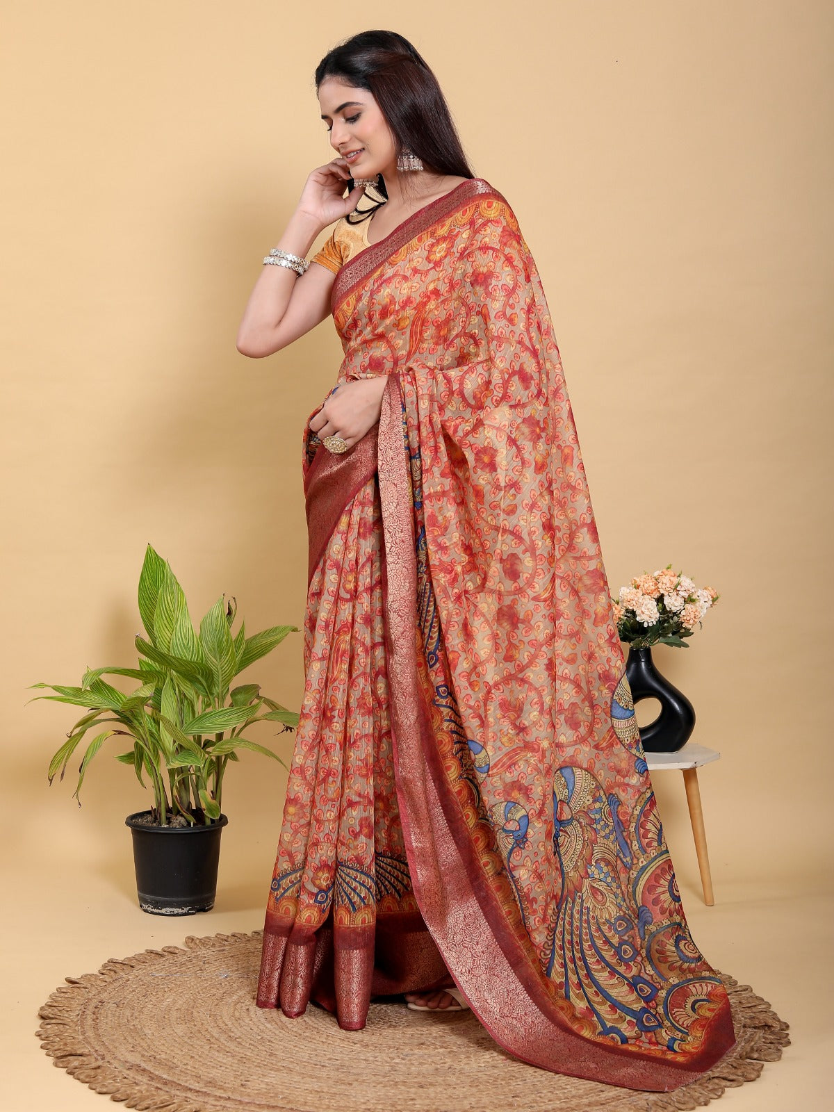 Vibrant Red Artistic Peacock Linen Cotton Saree