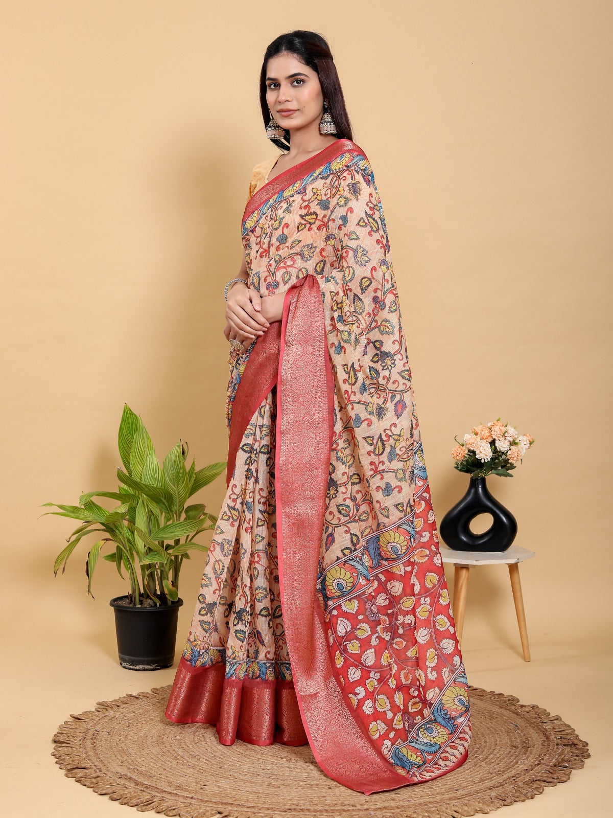 Artistic Kalamkari Print Linen Cotton Saree with Zari Border