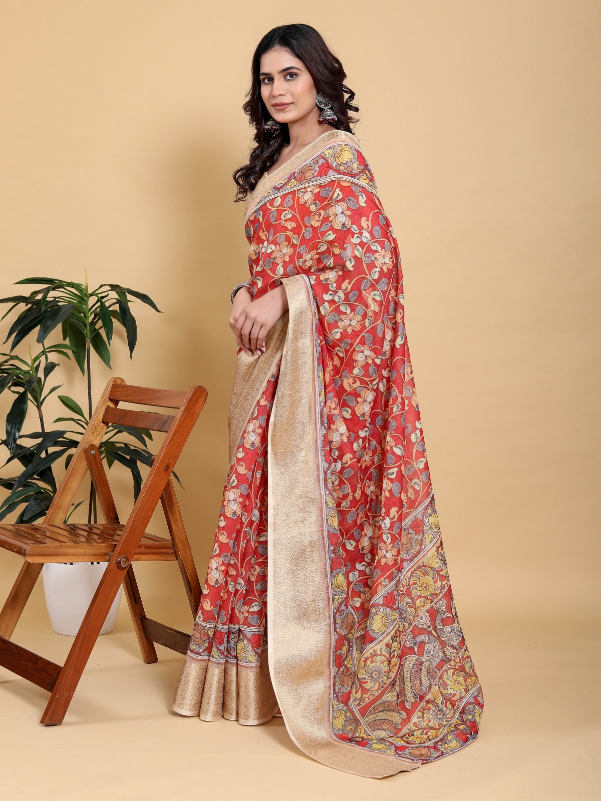 Vibrant Red Kalamkari Print Saree with Broad Zari Border