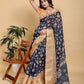 Elegant Navy Blue Floral Print Saree with Deer Motif and Zari Border
