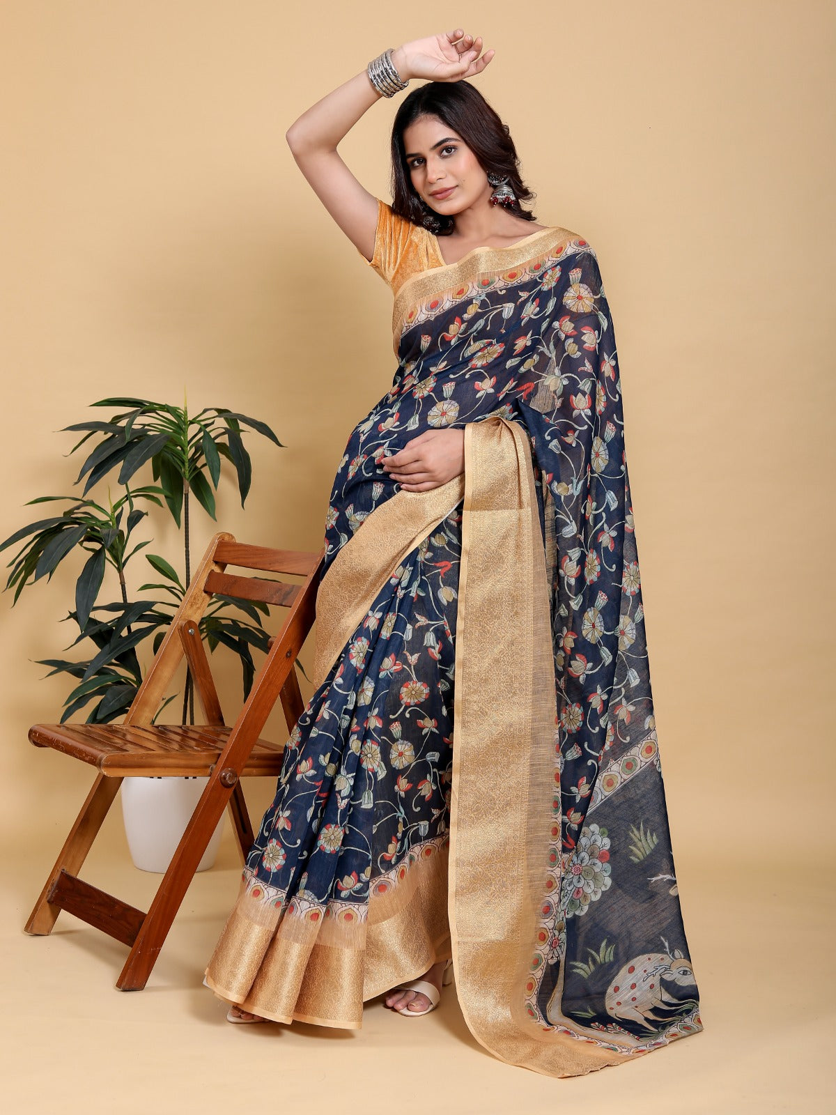 Elegant Navy Blue Floral Print Saree with Deer Motif and Zari Border