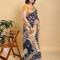 Elegant Navy Blue Floral Print Saree with Deer Motif and Zari Border