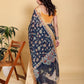 Elegant Navy Blue Floral Print Saree with Deer Motif and Zari Border