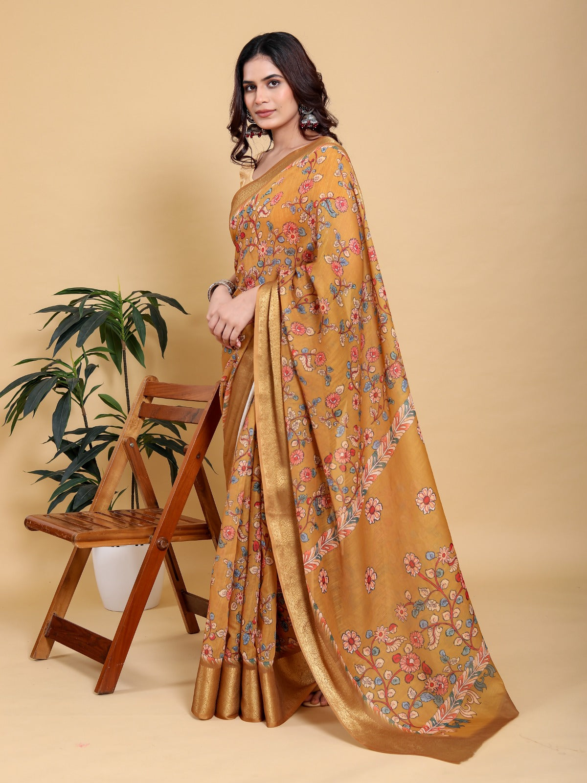 Elegant Mustard Yellow Floral Print Saree with Broad Zari Border