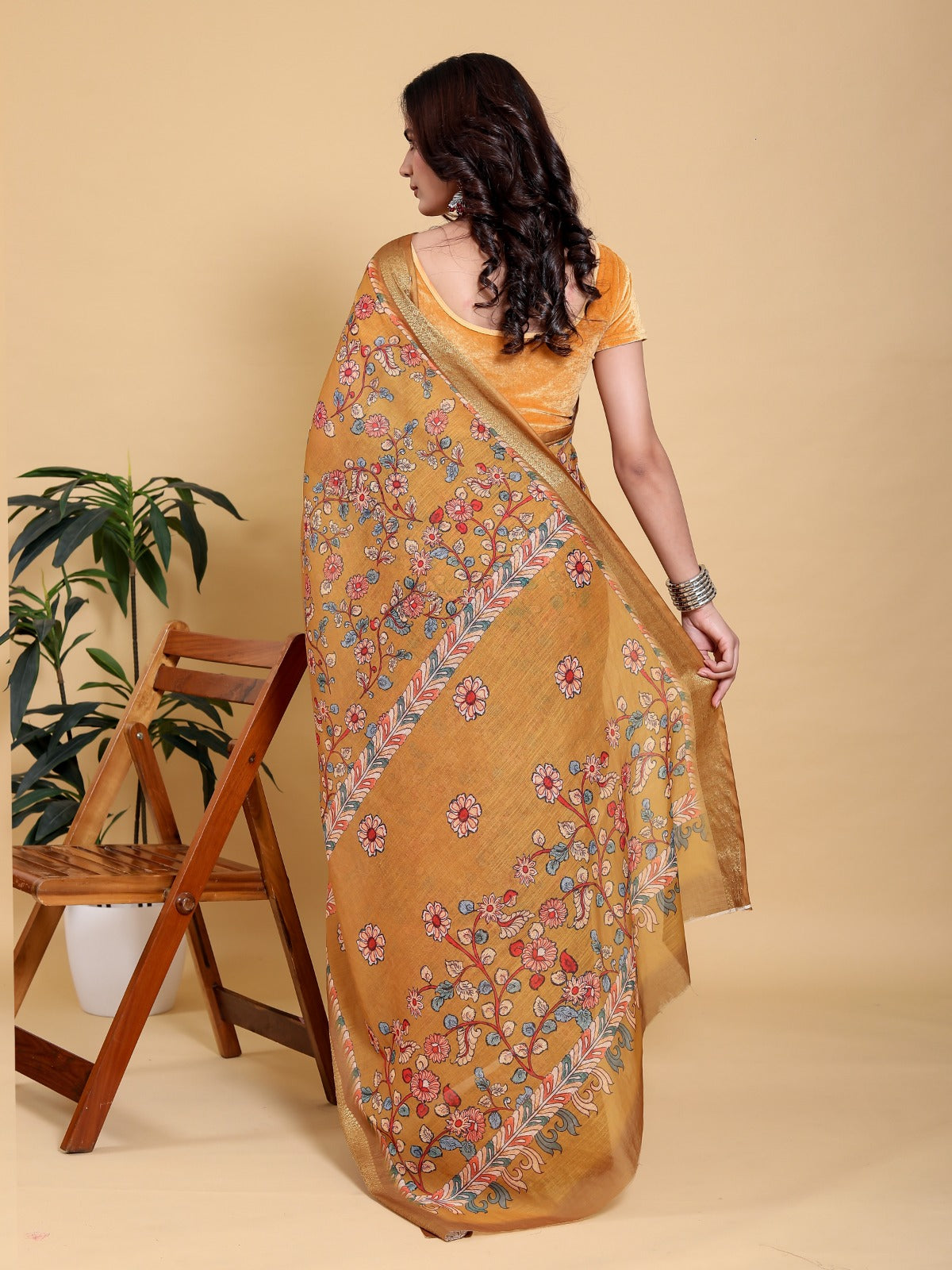Elegant Mustard Yellow Floral Print Saree with Broad Zari Border