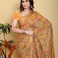 Elegant Mustard Yellow Floral Print Saree with Broad Zari Border