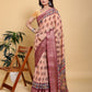 Elegant Peach/Coral Floral Print Saree with Maroon Zari Border