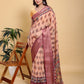Elegant Peach/Coral Floral Print Saree with Maroon Zari Border