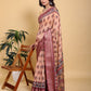 Elegant Peach/Coral Floral Print Saree with Maroon Zari Border