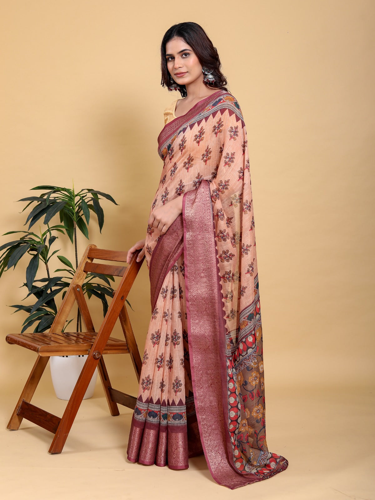 Elegant Peach/Coral Floral Print Saree with Maroon Zari Border
