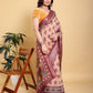Elegant Peach/Coral Floral Print Saree with Maroon Zari Border