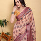 Elegant Peach/Coral Floral Print Saree with Maroon Zari Border