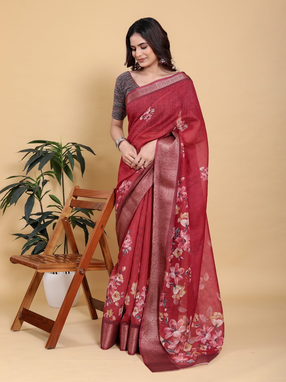 Rich Maroon Floral Print Saree with Metallic Zari Borde
