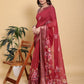 Rich Maroon Floral Print Saree with Metallic Zari Borde