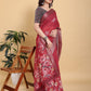 Rich Maroon Floral Print Saree with Metallic Zari Borde