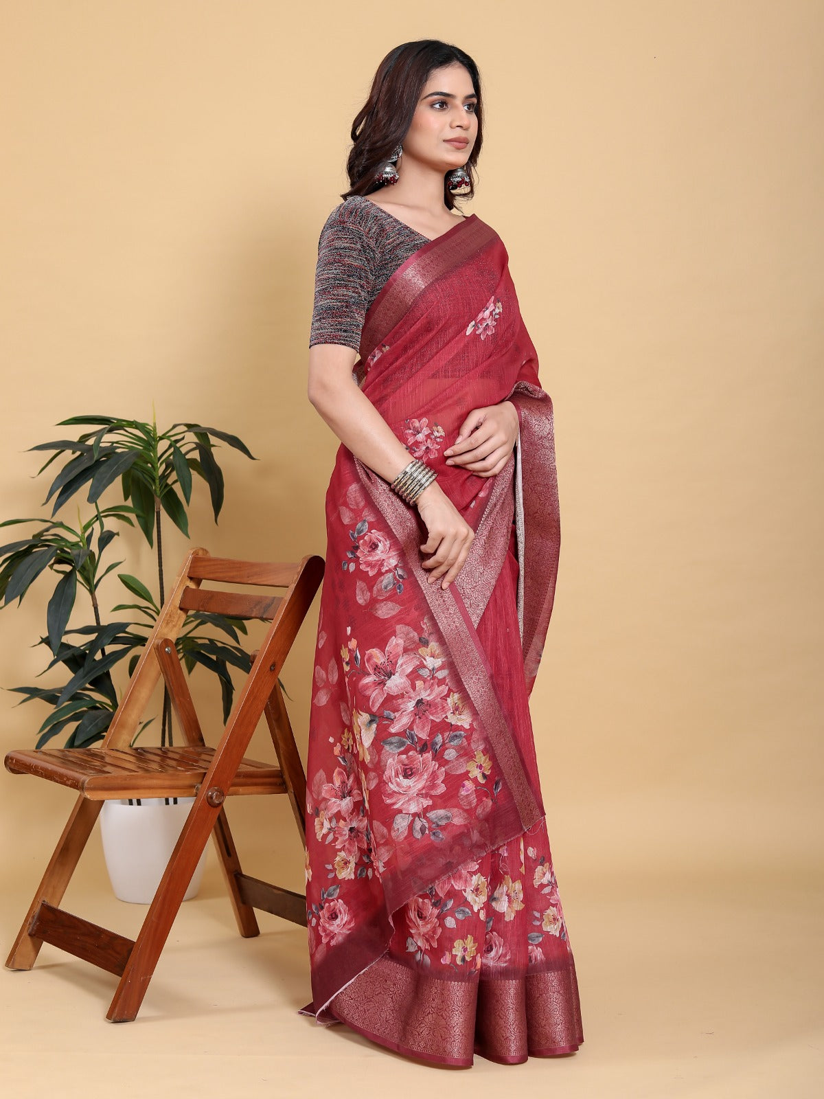 Rich Maroon Floral Print Saree with Metallic Zari Borde