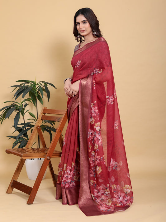 Rich Maroon Floral Print Saree with Metallic Zari Borde