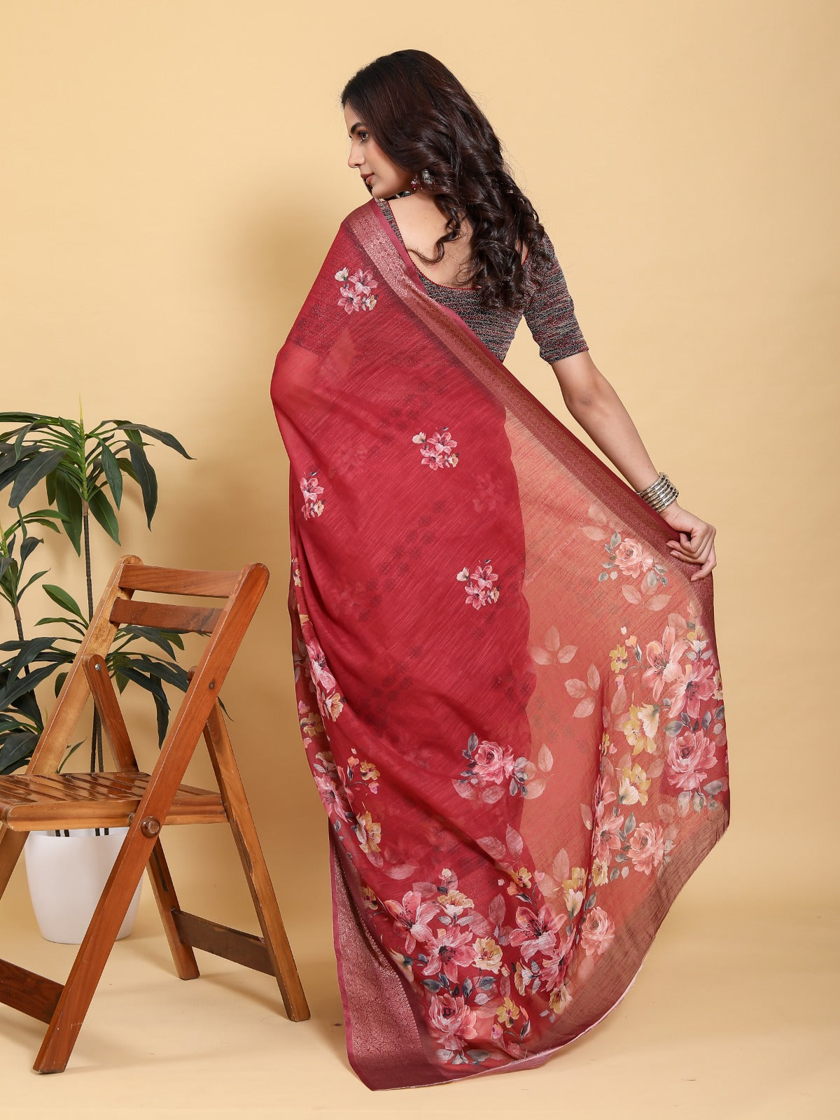 Rich Maroon Floral Print Saree with Metallic Zari Borde