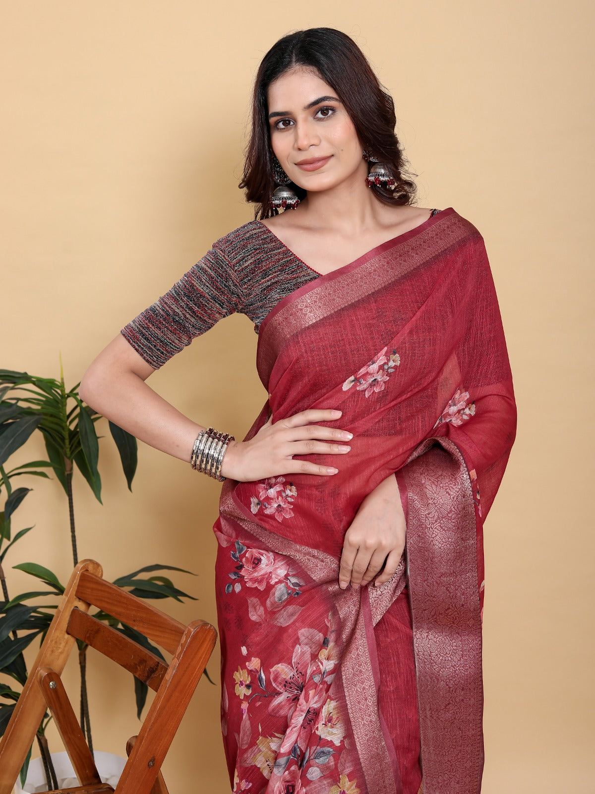 Rich Maroon Floral Print Saree with Metallic Zari Borde