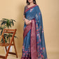 Elegant Teal Blue Floral Print Saree with Maroon Zari Border